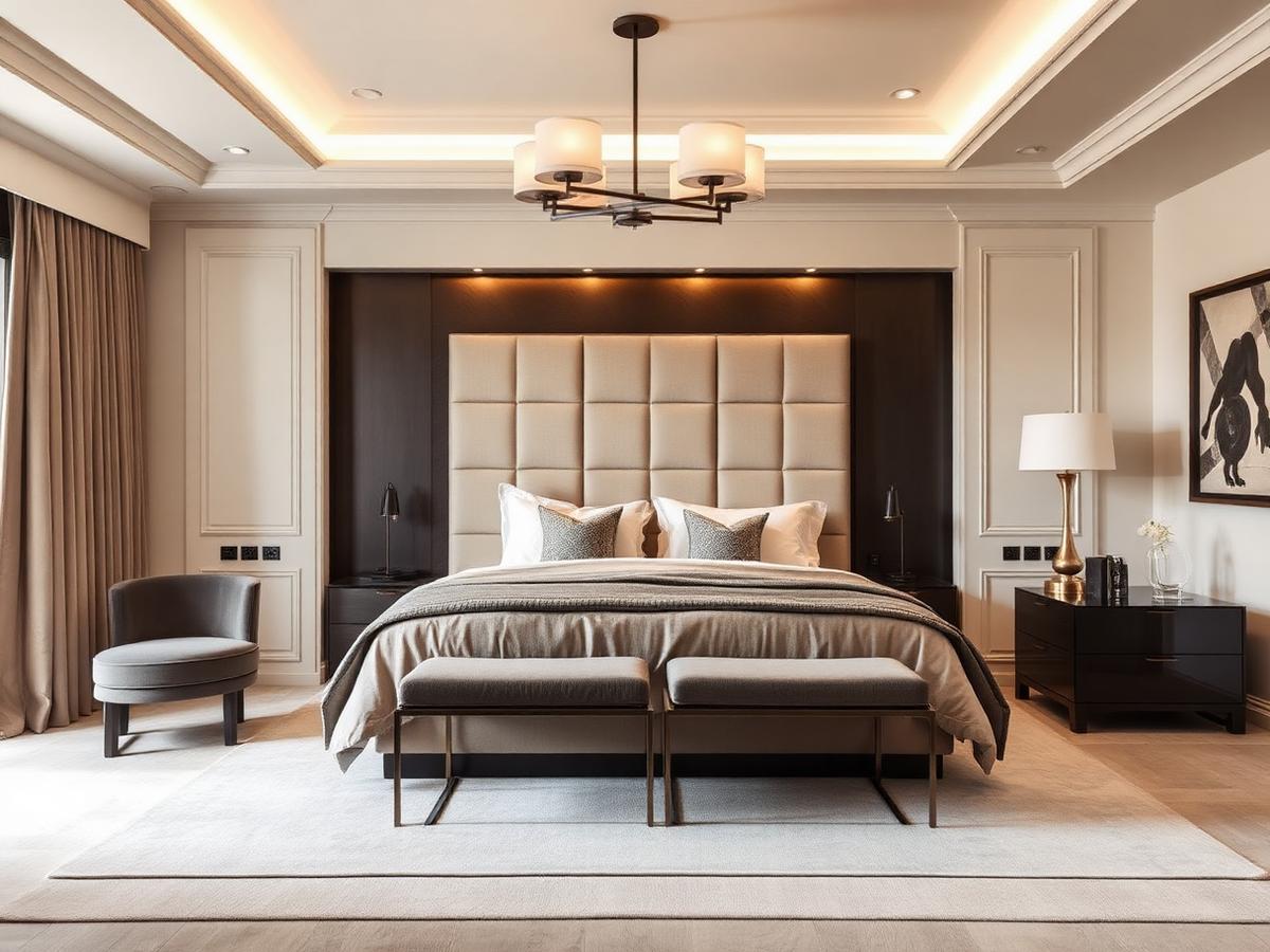Luxury master bedroom with upholstered headboard